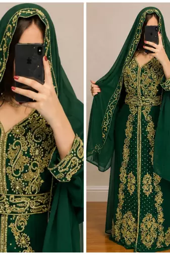 Emerald Green Gold Embroidered Luxury Kaftan Set