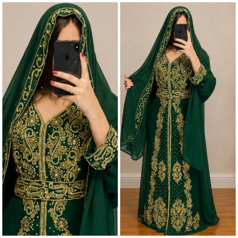 Emerald Green Gold Embroidered Luxury Kaftan Set