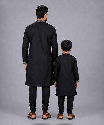 Black printed cotton silk father son kurta combo set 2