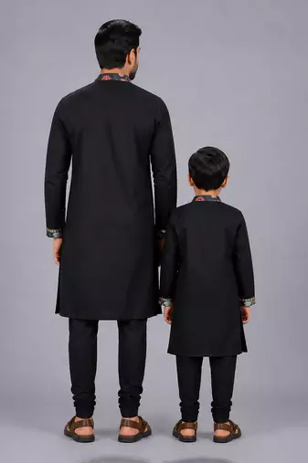 Black printed cotton silk father son kurta combo set