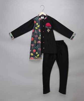 Black printed cotton silk father son kurta combo set 3