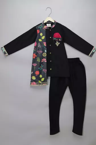 Black printed cotton silk father son kurta combo set