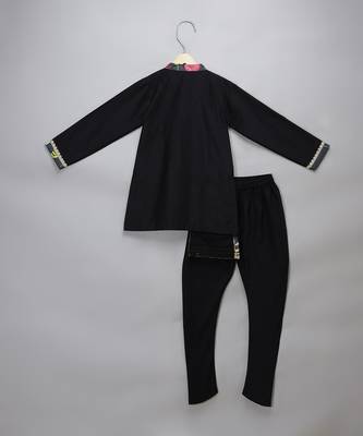 Black printed cotton silk father son kurta combo set 4