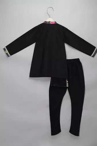 Black printed cotton silk father son kurta combo set