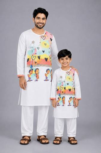 White printed cotton silk father son kurta combo set