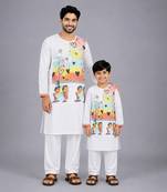 White printed cotton silk father son kurta combo set