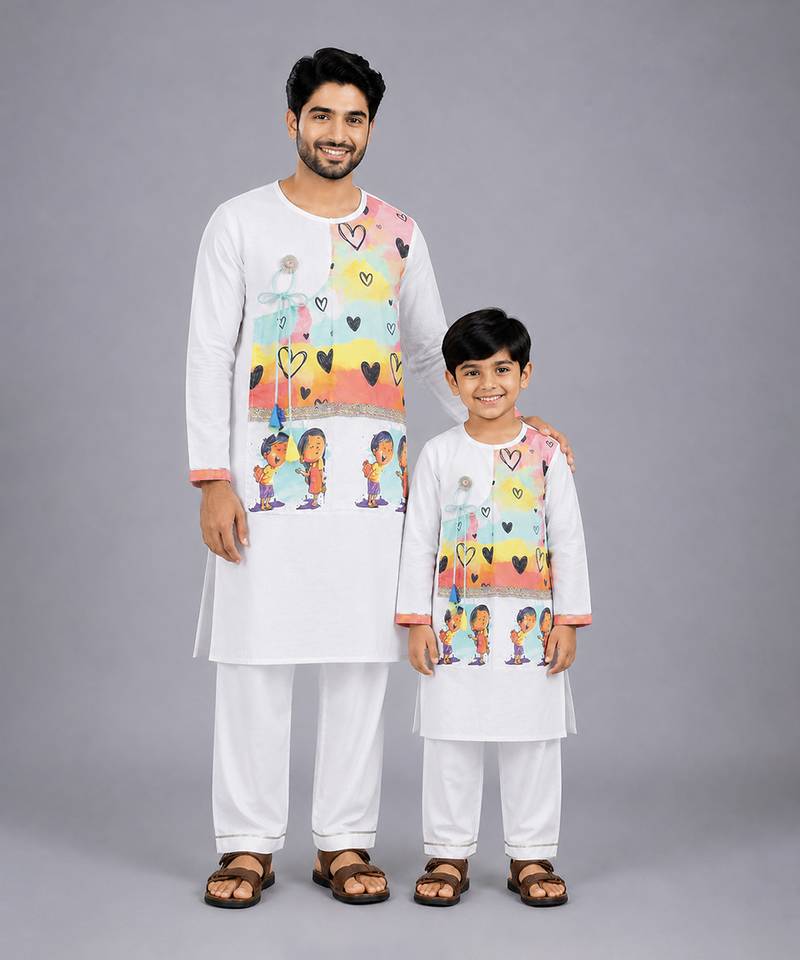 White printed cotton silk father son kurta combo set