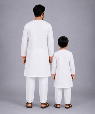 White printed cotton silk father son kurta combo set 2
