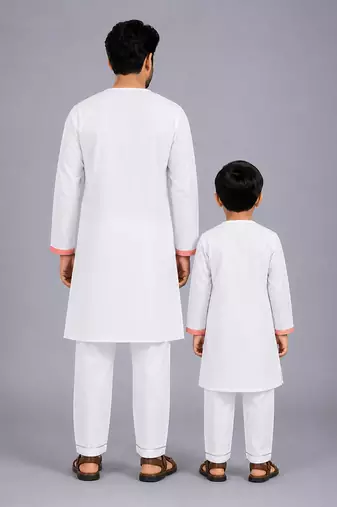 White printed cotton silk father son kurta combo set