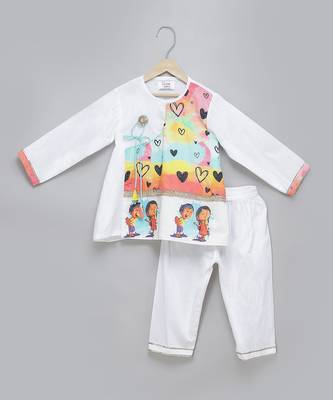 White printed cotton silk father son kurta combo set 3