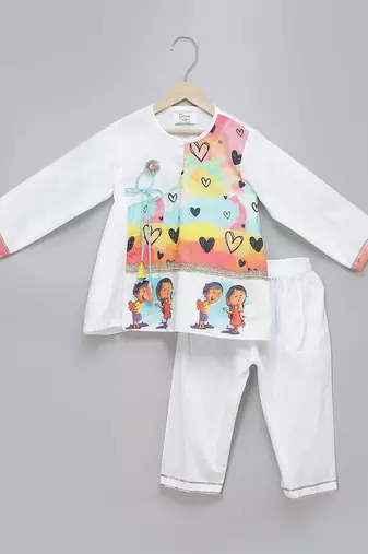 White printed cotton silk father son kurta combo set