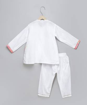 White printed cotton silk father son kurta combo set 4