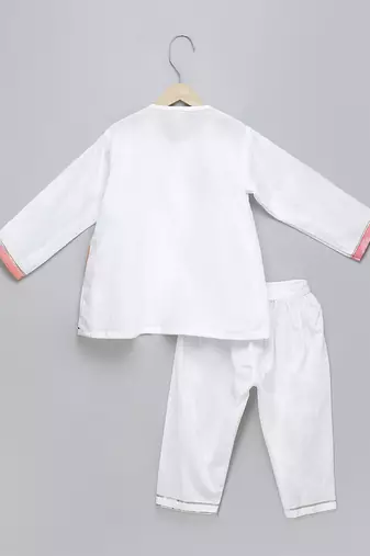 White printed cotton silk father son kurta combo set