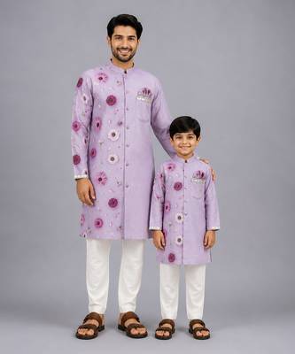 Lavender printed cotton silk father son kurta combo set 1