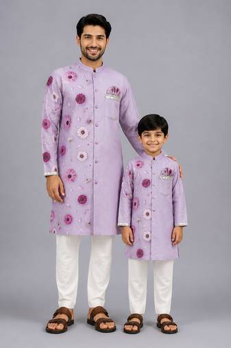 Lavender printed cotton silk father son kurta combo set