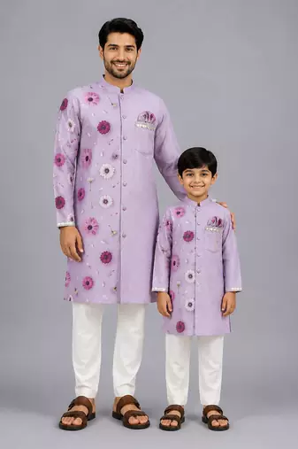 Lavender printed cotton silk father son kurta combo set