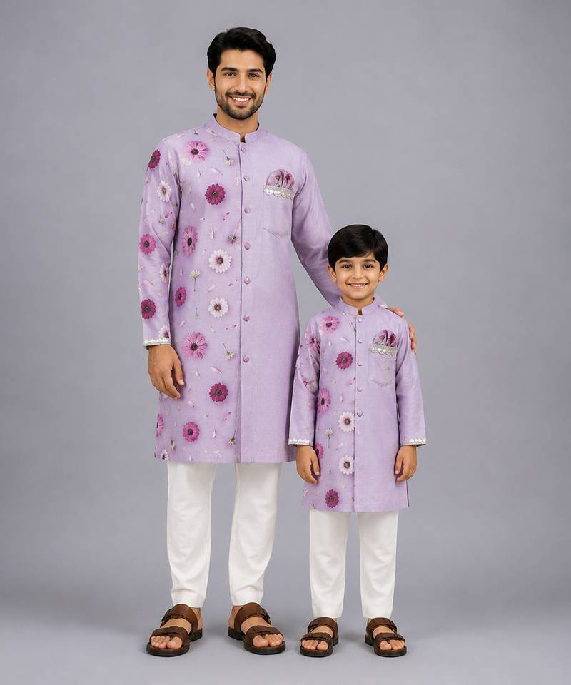 Lavender printed cotton silk father son kurta combo set