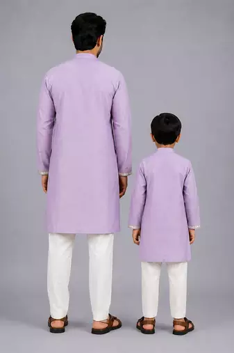 Lavender printed cotton silk father son kurta combo set