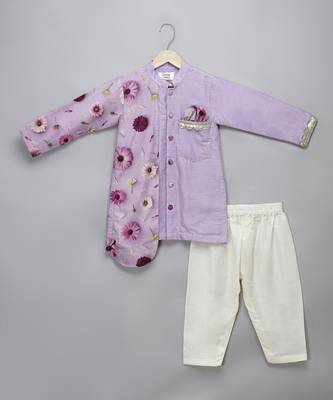Lavender printed cotton silk father son kurta combo set 3