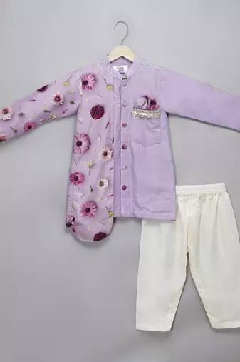 Lavender printed cotton silk father son kurta combo set