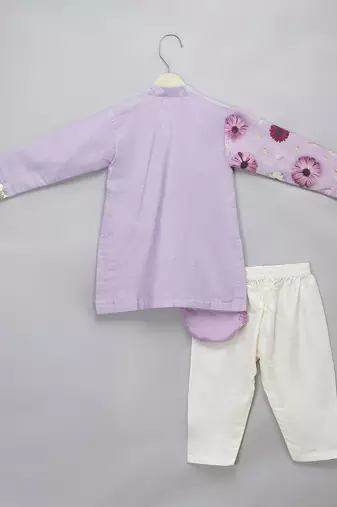 Lavender printed cotton silk father son kurta combo set