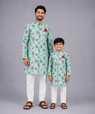 Blue floral printed cotton silk father son kurta combo set 1