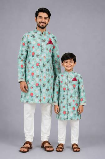 Blue floral printed cotton silk father son kurta combo set