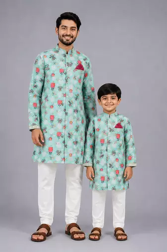 Blue floral printed cotton silk father son kurta combo set