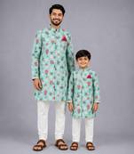 Blue floral printed cotton silk father son kurta combo set