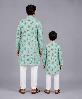 Blue floral printed cotton silk father son kurta combo set 2