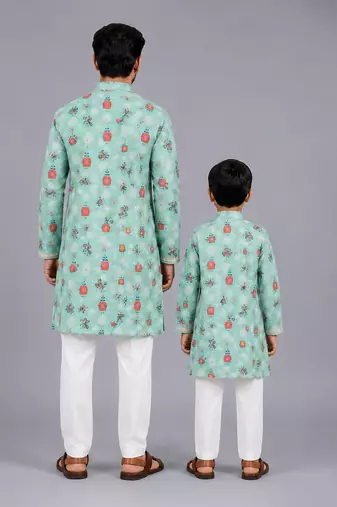 Blue floral printed cotton silk father son kurta combo set