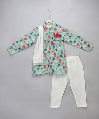 Blue floral printed cotton silk father son kurta combo set 3