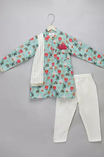 Blue floral printed cotton silk father son kurta combo set