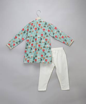 Blue floral printed cotton silk father son kurta combo set 4