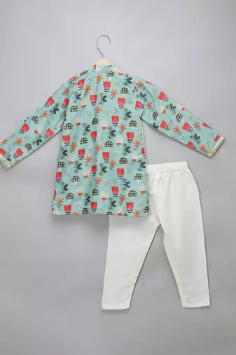 Blue floral printed cotton silk father son kurta combo set