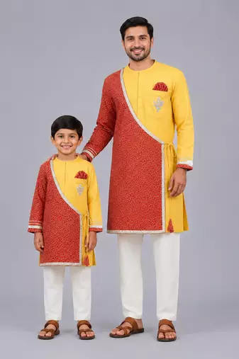 Mustard yellow red cotton silk father son kurta combo set