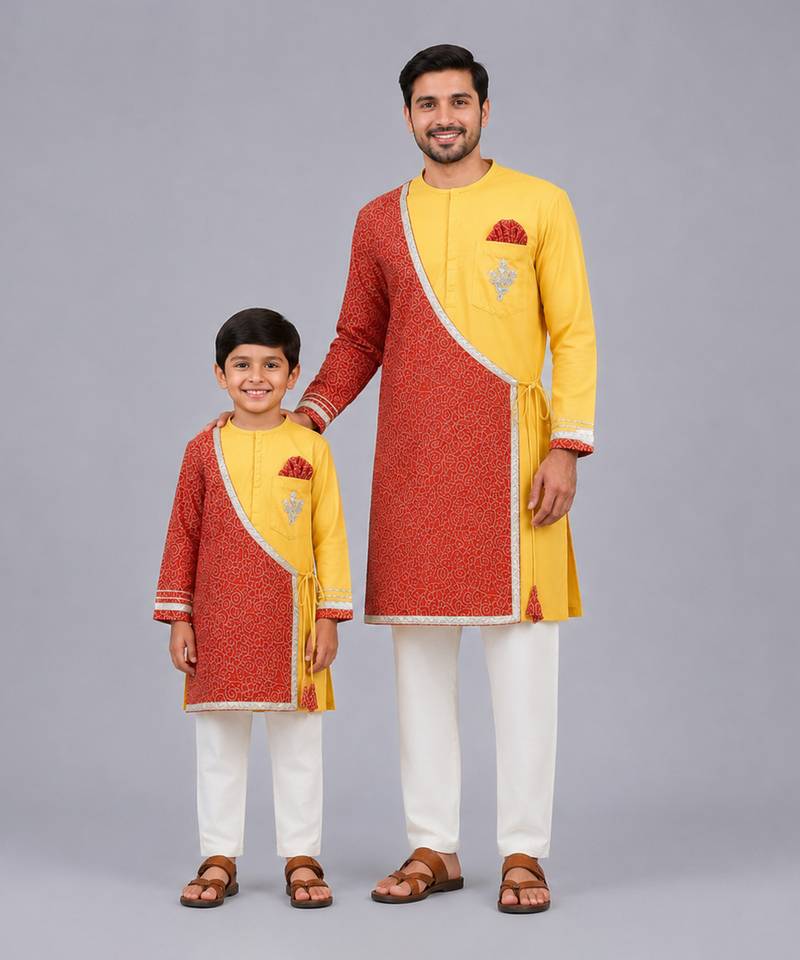 Mustard yellow red cotton silk father son kurta combo set