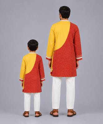 Mustard yellow red cotton silk father son kurta combo set 2