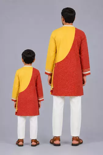Mustard yellow red cotton silk father son kurta combo set