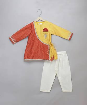 Mustard yellow red cotton silk father son kurta combo set 3