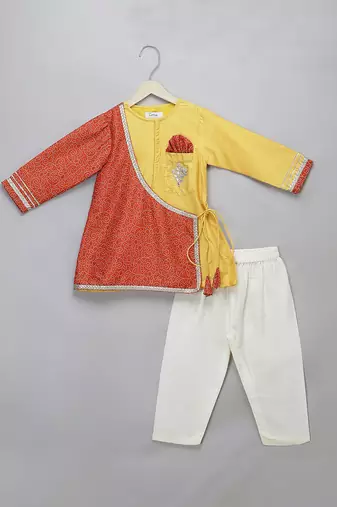 Mustard yellow red cotton silk father son kurta combo set