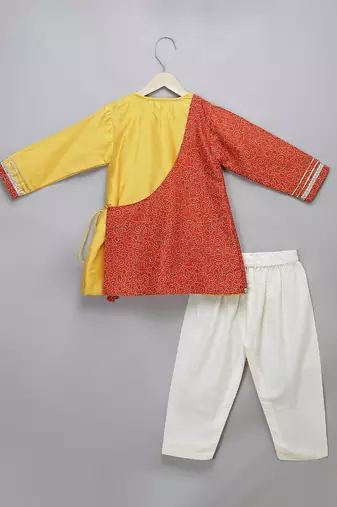Mustard yellow red cotton silk father son kurta combo set