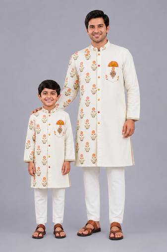 Off white floral printed cotton silk father son kurta combo set