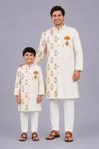 Off white floral printed cotton silk father son kurta combo set