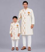 Off white floral printed cotton silk father son kurta combo set