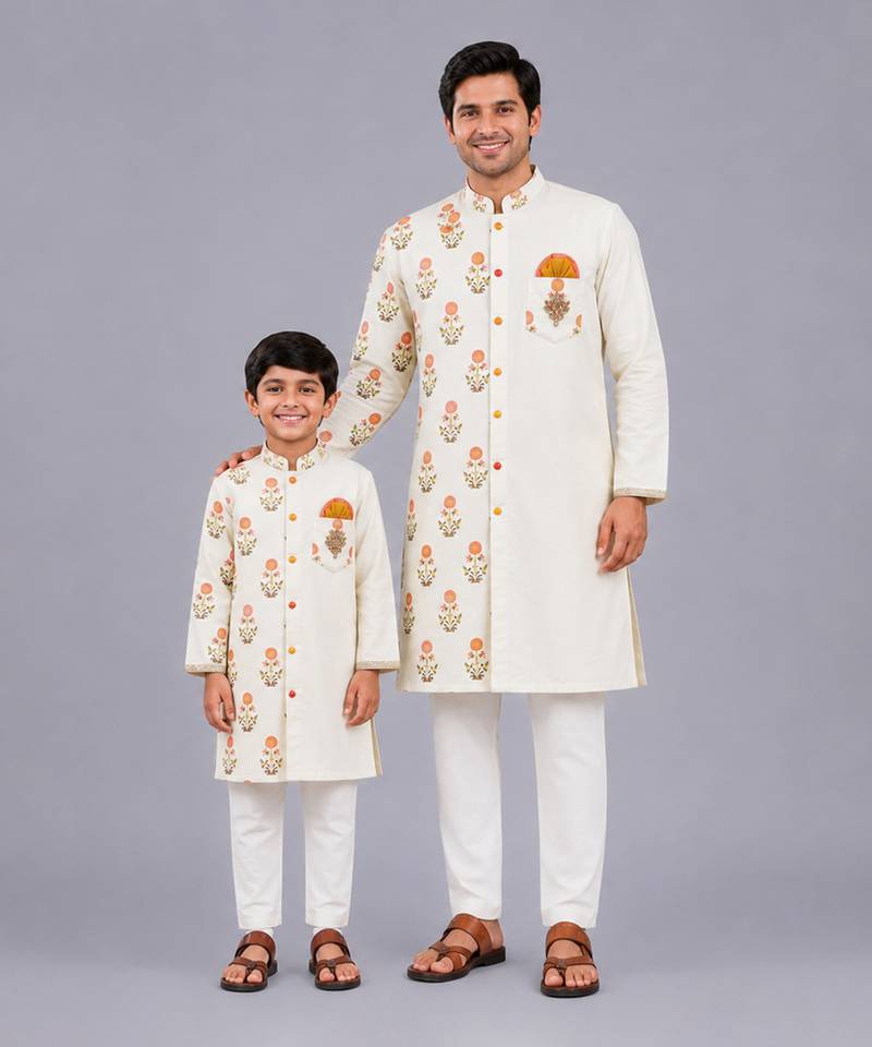Off white floral printed cotton silk father son kurta combo set