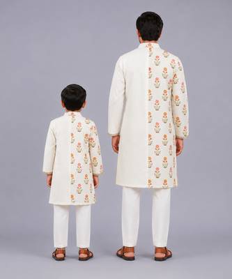 Off white floral printed cotton silk father son kurta combo set 2