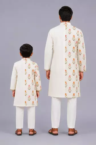 Off white floral printed cotton silk father son kurta combo set