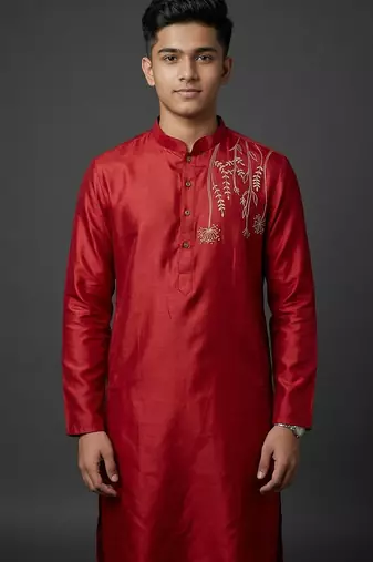 Red silk kurta set for men's