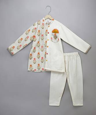 Off white floral printed cotton silk father son kurta combo set 3